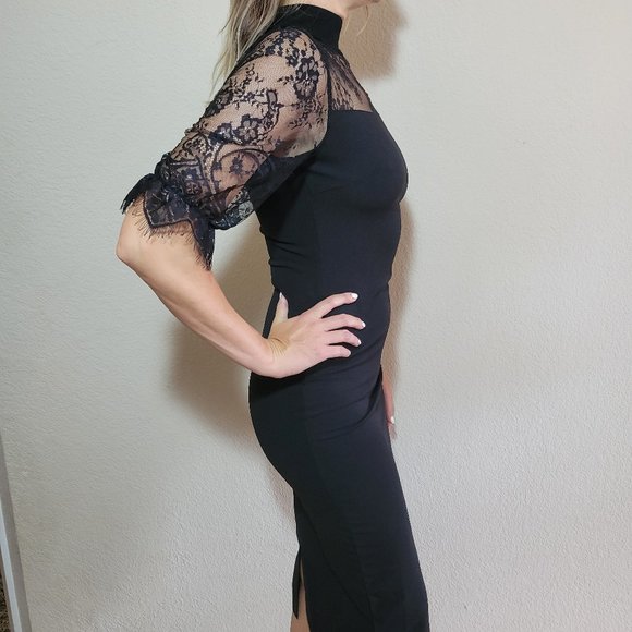 Shein Black Midi Dress Small Half Sleeve Lace Pencil Straight Mock Neck - Picture 2 of 6